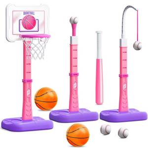 lot 271 image: ShyLizard 3 in 1 Kids Basketball Hoop and T Ball Set, Adjustable Height Toddler Basketball Hoop, Hanging Tee Baseball, Indoor Outdoor Sports Toys Gifts for Toddlers Boys Girls Ages 3 4 5 Year��Pink - Retail $48