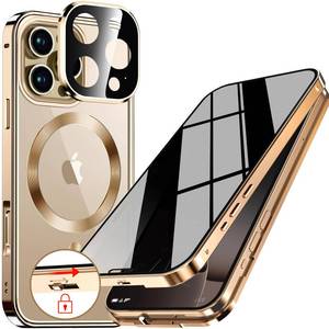 lot 295 image: Upholyee CD Metal Ring & Automatic Pop-up Lock Magnetic Privacy Case for iPhone 16 Pro Max Compatible with MagSafe Integrated Lens Protection Full Body Bumper Cover with Built-in 9H Glass-Gold - Retail $25