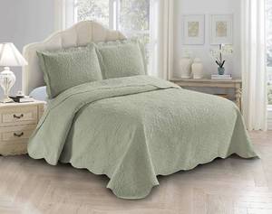 lot 310 image: Fancy Linen 3pc Embossed Coverlet Bedspread Set Oversized Bed Cover Solid Floral Daisy Pattern New # Allis (KingCalifornia King, Light Green) - Retail $24