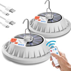 lot 313 image: USB Solar Camping Light Remote Tent Light 2 Pack - 4000LM Portable LED Rechargeable Camping Lantern Hanging Waterproof Emergency Light for Camping, Hiking, Power Failure, Hurricane (120 LEDs) - Retail $30