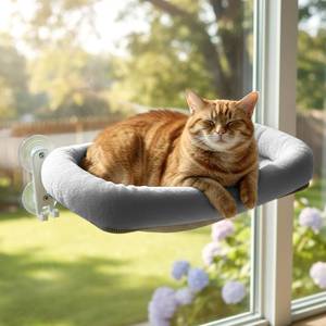 lot 329 image: Cordless Cat Window Perch, Foldable Cat Window Hammock, 4 Strong Suction Cups, Solid Metal Frame, Patented Hook Design, Cushion Grey, L - Retail $30