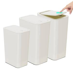 lot 339 image: SMALLEST LID BROKEN N. NETDOT Bathroom Trash Can with Lid 3 Pack Set,2 Packs 4Gal Slim Kitchen Trash Can and 1 Pack 2.6Gal Garbage Can,Small Trash BinWaste Basket for Bedroom,Office(Off White) - Retail $26