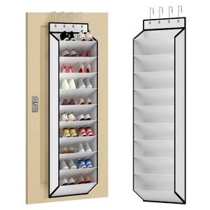 lot 351 image: KEEPJOY 10 Tiers White Over Door Shoe Organizer Storage, Hanging Shoe Holder for Door with Large Deep Pockets, Fit 20-30 Pairs Shoe Rack for Sneakers, Boots (White) - Retail $19