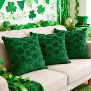 lot 353 image: Octisys St Patricks Day Pillow Covers 18x18 Set of 3 Green Shamrock Throw Pillow Covers for Couch Sofa Soft Plush Spring Pillowcase for St.Patricks Day Home Decorations - Retail $16
