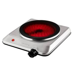 lot 375 image: OVENTE Countertop Infrared Single Burner, 1000W Electric Hot Plate w 7.5 Ceramic Glass Cooktop, 6 Level Temperature Setting & Easy to Clean Base, Compact Stove for Home Dorm Office, Silver BGI201S - Retail $29