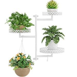 lot 380 image: OVICAR Rotating Window Plant Shelves - Indoor Wall Plant Stand 3-Tier Floral Metal Window Shelf Holder for Multiple Plants with Hanging Hooks Home Decor White - Retail $26