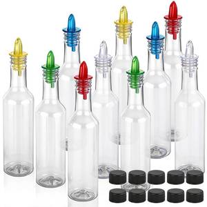 lot 381 image: Tioncy 10 Sets 10oz Plastic Liquor Bottles with Pourers Sets 10 Plastic Long Neck Syrup Bottles with Pourer and Caps Reusable Leakproof for Home Party Bar(Multicolor) - Retail $23