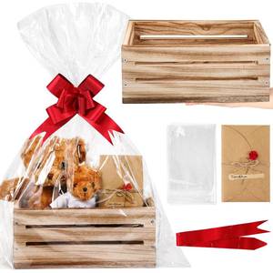 lot 385 image: Wonderjune Wooden Baskets for Valentines Day Gifts Empty Wood Basket with Cellophane Bag Ribbon Greeting Card for Birthday Baby Shower Wedding Housewarming Gifts Packaging(Brown,Large) - Retail $27