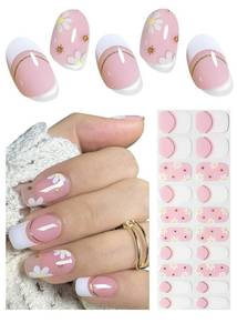 lot 411 image: Semi Cured Gel Nail Strips - French Pink Flower Hydrangea Nail Wraps, 20pcs, UV Ready for DIY Nails - Retail $10