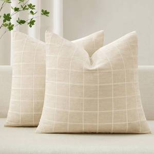 lot 416 image: MIULEE Decorative Chenille Check Throw Pillow Covers Vintage Plaid Couch Pillows 20x20 Inch Set of 2 Neutral Boho Farmhouse Cushion Covers Modern Spring Home Decor for Sofa Bed Living Room Beige - Retail $23