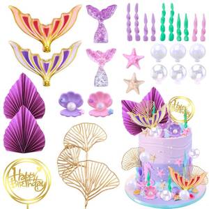 lot 417 image: MEMOVAN Mermaid Cake Topper 32PCS Mermaid Tail Cake Decorations Under the Sea Cake Cupcake Toppers with Seaweed Bubbles Shells Starfish Golden Ginkgo Leaves for Birthday - Retail $12
