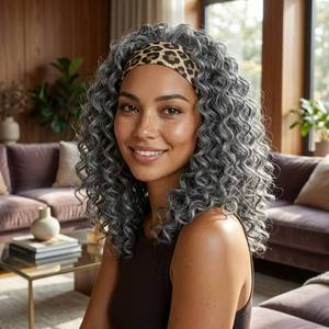 lot 419 image: CINHOO Curly Grey Headband Wigs for Black Women 14inch Short Salt and Pepper Headband Wig for Women Curly Half Wigs with Headbands Attached Daily Use (Gray#, 16inch) - Retail $26