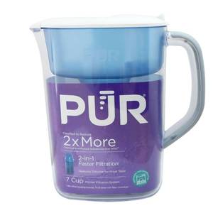 lot 20928 image: PUR 7-Cup Water Filter Pitcher, Cleaner, Great-Tasting Water, Dishwasher Safe, Powerful, Faster Filtration, LockFit Cap Design - White - Retail $19