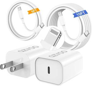 lot 20951 image: (6ft10ft) iPhone Charger Fast Charging for iPhone 14 13 12 Fast Charger,20W USB C Wall Charger with Type C to Lightning Cord for i Phone 131412 Pro Max Plus11,iPad-2Pack - Retail $13