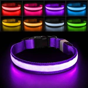 lot 20956 image: PcEoTllar Light up Dog Collar for Night Walking - LED Dog Collar Light Rechargeable Color Changing, Glow in The Dark Dog Collars Waterproof Glowing Dog Collars for Large Small Medium Dogs, Purple S - Retail $17