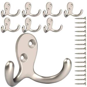 lot 20964 image: IBosins 8 Pack Heavy Duty Double Prong Coat Hooks Wall Mounted with 16 Screws Retro Double Hooks Utility Hooks for Coat, Scarf, Bag, Towel, Key, Cap, Cup, Hat - Retail $9