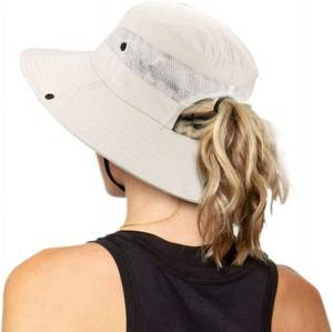 lot 20967 image: Womens Outdoor UV-Protection-Foldable Sun-Hats Mesh Wide-Brim Beach Fishing Hat with Ponytail-Hole Beige - Retail $6