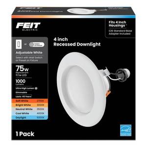 lot 20971 image: Feit Electric Enhance 4in LED Recessed Downlight, 75W Equivalent, 1000 Lumens, Dimmable, Adjustable White Color Temperature, Fits Most 4-Inch Housings, 90 CRI, 50,000-Hour Lifetime, LEDR4XHO6WYCA - Retail $9
