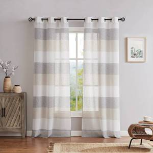 lot 20980 image: Central Park Gray Tan Stripe Sheer Color Block Window Curtain Panel Linen Window Treatment for Bedroom Living Room Farmhouse 84 inches Long with Grommets, 2 Panel Rustic Drapes - Retail $30
