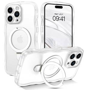 lot 20981 image: VENINGO iPhone 15 Pro Max Case,Magnetic Slim MagSafe Curly Wave Edge Translucent Matte Back Foldable Ring Holder Kickstand Shockproof Protective Phone Cover for iPhone 15 Pro Max 6.7, White