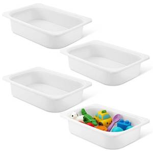 lot 20985 image: Kathfly Set of 4 Storage Box White 16-12 x 11-34 x 4 Stackable Plastic Bins Open Storage Boxes, Book Organizer Polypropylene Cabinet Organizer for Home Office and School Supplies - Retail $37
