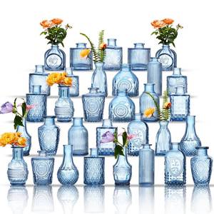 lot 20989 image: Glass Bud Vases Set of 32 - Blue Assorted Small Mini Glass Vases for Flowers, Crystal Vintage Vase Set, Bulk Centerpieces for Table D�cor, Wedding, Home and Events (Blue, 32 Pcs) - Retail $45