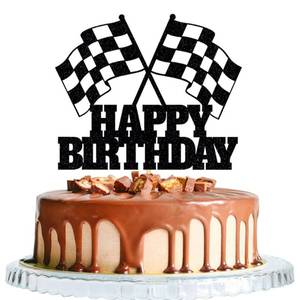 lot 20996 image: Race Car Cake Topper - Checkered Flag, Glitter, Happy Birthday Theme Cake Decor - Retail $6