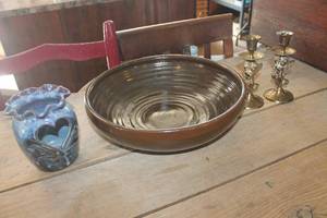 lot 1078 image: Lg. Crock Dcor Bowl, Brass Candle Stick Holders & More