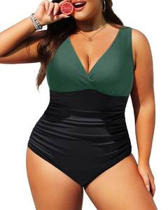 lot 24816 image: Aqua Eve Women Plus Size One Piece Swimsuits Tummy Control Bathing Suits V Neck Ruched Swimwear Green and Black 14W