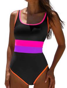 lot 28973 image: popvil Womens One Piece Swimsuits 2025 Tummy Control -Modest Neon 1 Piece Bathing Suit Beach Summer Sexy Sport Swim Suits,Black Purple,Medium - Retail $26