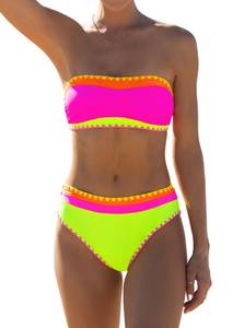 lot 28974 image: popvil Womens Neon Color Block Bandeau Swimsuits Strapless Bikini Sets Two Piece Bathing Suits Medium