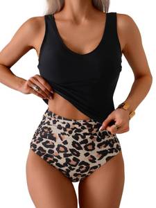 lot 28976 image: Eomenie Two Piece Tankini Swimsuits for Women Tummy Control Bathing Suits U Back Swim Tank Top with High Waisted Bottom Black Leopard Large - Retail $39