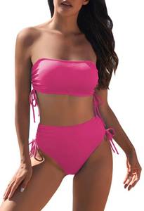 lot 28978 image: Pink Queen Womens 2 Piece High Waisted Bikini Sets Ribbed Bandeau Ruched Drawstring Swimsuit Bathing Suit 2026 Rose Red M - Retail $18