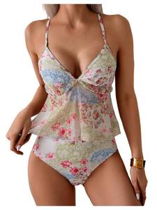 lot 28985 image: SOLY HUX Womens Floral Tankini Swimsuits 2 Piece Ruffle High Waisted Bathing Suits Beach Vacation Outfits Multi Floral Medium - Retail $30