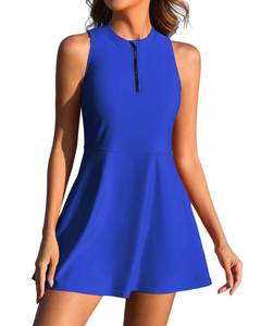 lot 28989 image: Charmo High Neck Swimsuit Dress for Women Zip Front Surfing Bathing Suit Athletic Swimwear with Pockets Royal Blue Small - Retail $10