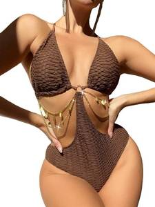 lot 28991 image: OYOANGLE Womens Chain Linked Cut Out Halter One Piece Swimsuit Tummy Control Bathing Suit Chocolate Brown L - Retail $33