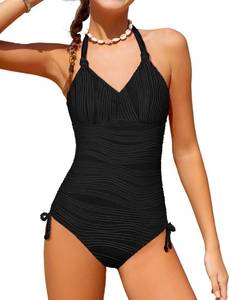 lot 28994 image: HOTOME Girls One Piece Swimsuits Size 11-12 Youth Trendy Halterneck Strapless Black Swimsuits with Removable Bra Side Drawstring Slimming Girl Bathing Suit Cover Up Skirt Two Piece - Retail $28