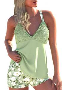 lot 29004 image: ROSEWE Womens Tankini Bathing Suits, Two-Piece Smocked Swim Dress, Print Swimsuits with Board Shorts Light Green Large - Retail $40