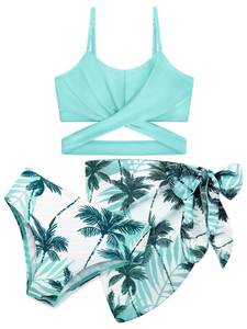 lot 29005 image: AlisOker 3 Pieces Girls Swimsuits Bikini Set Tropical Print Bikini Set Criss Cross Bathing Suit with Cover Up Skirt for Kids 11-12 Years