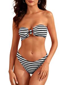 lot 29006 image: ZAFUL Womens Bandeau Bikini Sets Buckle Strapless Lace Up High Cut 2 Piece Swimsuit Solid Bathing Suit (Black,M) - Retail $30