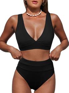 lot 29016 image: Hilinker Womens Bikini Sets V Neck High Waisted Swimsuits 2 Piece Bathing Suits All Black Small - Retail $38