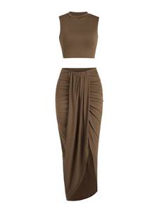 lot 29020 image: ZAFUL Womens Casual Sleeveless Summer Two Piece Outfits Crop Top and Side Split Draped Ruched Maxi Skirt Set Solid Suiting Size 8-10 Brown - Retail $40