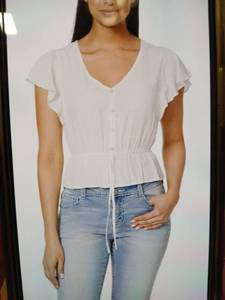lot 29039 image: Wallflower Womens Adrianne Flutter Sleeve V Neck Swiss Dot Peplum Top Snow White Small