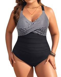 lot 29041 image: Aqua Eve Plus Size One Piece Swimsuit - Womens Tummy Control Bathing Suit Retro Full Coverage Swimwear 2025 Black Striped 14W - Retail $38