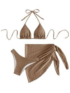 lot 29059 image: SHENHE Womens 3 Piece Textured High Cut Halter Triangle Bikini Swimsuit with Cover Up Khaki Medium - Retail $29