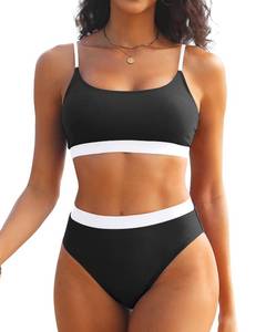 lot 29063 image: Tempt Me Women High Waisted Bikini Set Athletic Two Piece Swimsuits Sporty High Cut Bathing Suit with Scoop Neck White Black M - Retail $35