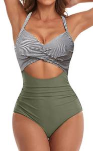 lot 29066 image: Eomenie Womens One Piece Swimsuits Tummy Control Cutout High Waisted Bathing Suit Wrap Tie Back 1 Piece Swimsuit Green Striped Large - Retail $37
