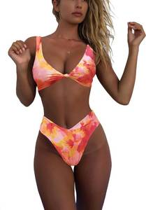 lot 29068 image: geluboao Red Floral Bikini Sets for Women Sexy Tie Back Swimsuit Two Piece High Waisted V Cut Modest Bathing Suit M - Retail $27
