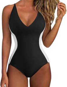 lot 29069 image: SUUKSESS Women One Piece Swimsuit Slimming Tummy Control Swimwear Deep V Neck Color Block Crisscross Back Bathing Suit (Black Large)