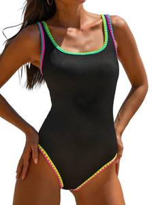 lot 29073 image: popvil Womens One Piece Swimsuits Tummy Control Bathing Suit -Modest Neon Color Block Sport Swim Suits 2026, Black, Medium - Retail $36